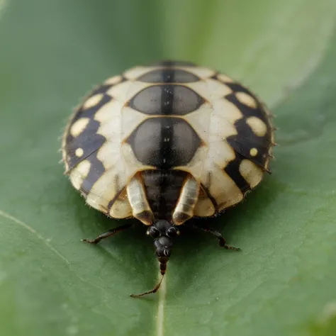 extreme macro closeup of unusual round insect on a leaf, reflection, ripples, extreme anatomical detail, velvia film, BREAK art deco design