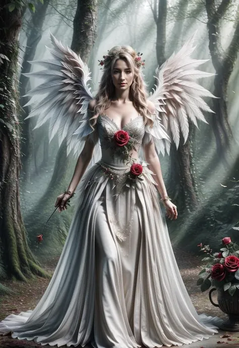 a enchanting digital painting featuring a beautiful lady with graceful with big rose wings, standing in the heart of a magical enchanted forest. Surround her with fairies, each radiating their own ethereal glow, vibrant colors and intricate details, 4K UHD 8K, Photorealistic, 4K UHD, 8K, Photorealistic <lora:AddMoreDetails:0.5>, <lora:lit:0.3> <lora:angelwing:0.8>, sharp focus, vray tracing, raw character, 32k uhd, smoke effect, dim lighting,, photorealistic, 4k, highly detailed, sharp focus, hyper-realistic, masterpiece,ultra-realistic,32k,extremely detailed CG unity 8k wallpaper, best quality,