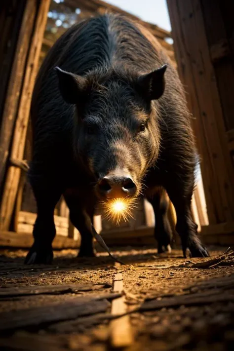 an concept art of alchemic element - European Wild Boar (Sus scrofa): A robust and adaptable creature, the wild boar boasts a sturdy, barrel-like body covered in coarse, bristly fur. Its coloration can vary from dark brown to black, with a distinctive pale stripe running down its back. The iconic tusks on the males, or boars, add a touch of fierceness to their appearance. The strong, stocky legs support the boar's formidable frame, making it a resilient and resourceful inhabitant of the Polish wilderness. This scene, with its magical lighting and exquisite focus on intricate details, will leave viewers spellbound, transporting them to a world of enchantment and beauty, regardless of the object it embraces., on table, rim lights, digital art, focus on subject, duch angle, clsoe shot, closeup, focus on material and structure, masterpiece, ultrasharp, intricated details