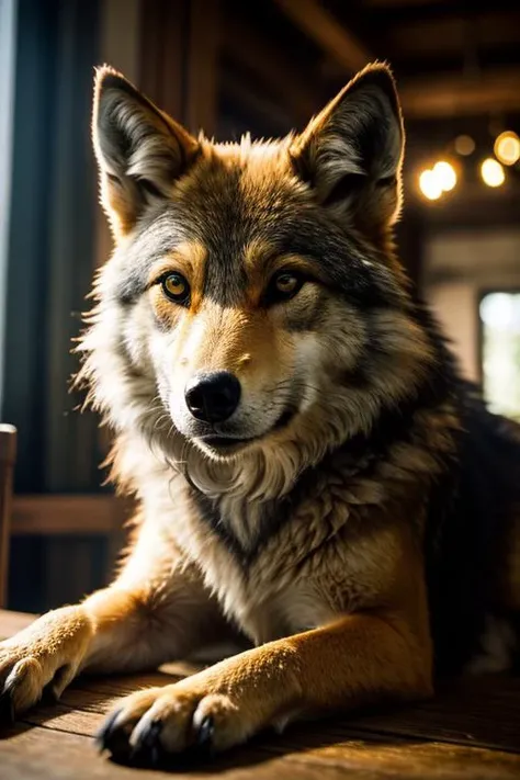 an concept art of alchemic element - European Wolf (Canis lupus): A cunning and elusive carnivore, the European wolf possesses a thick, multi-layered coat that ranges in color from gray to brown, ensuring warmth and protection in the harshest of climates. Its sharp, intelligent eyes are enhanced by perky, pointed ears, always attuned to the sounds of the forest. Its agile, lean body is equipped with muscular limbs and powerful jaws, making it an adept hunter in its wilderness domain. The subject stands proudly as the center of attention, bathed in the tender glow. The light plays with shadows, creating a dance of artistry on its surface, emphasizing even the tiniest nuances that make it unique. A halo of brilliance surrounds the subject, enhancing its elegance and evoking a sense of wonder and mystery., on table, rim lights, digital art, focus on subject, duch angle, clsoe shot, closeup, focus on material and structure, masterpiece, ultrasharp, intricated details