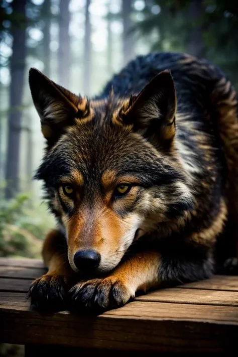 an concept art of alchemic element - European Wolf (Canis lupus): A cunning and elusive carnivore, the European wolf possesses a thick, multi-layered coat that ranges in color from gray to brown, ensuring warmth and protection in the harshest of climates. Its sharp, intelligent eyes are enhanced by perky, pointed ears, always attuned to the sounds of the forest. Its agile, lean body is equipped with muscular limbs and powerful jaws, making it an adept hunter in its wilderness domain. The camera's angle frames the subject in a way that unveils its essence, unveiling secrets that lie within its form. Shadows and highlights create a harmonious symphony, revealing an extraordinary interplay of light and darkness, unveiling layers of depth that leave us captivated., on table, rim lights, digital art, focus on subject, duch angle, clsoe shot, closeup, focus on material and structure, masterpiece, ultrasharp, intricated details
