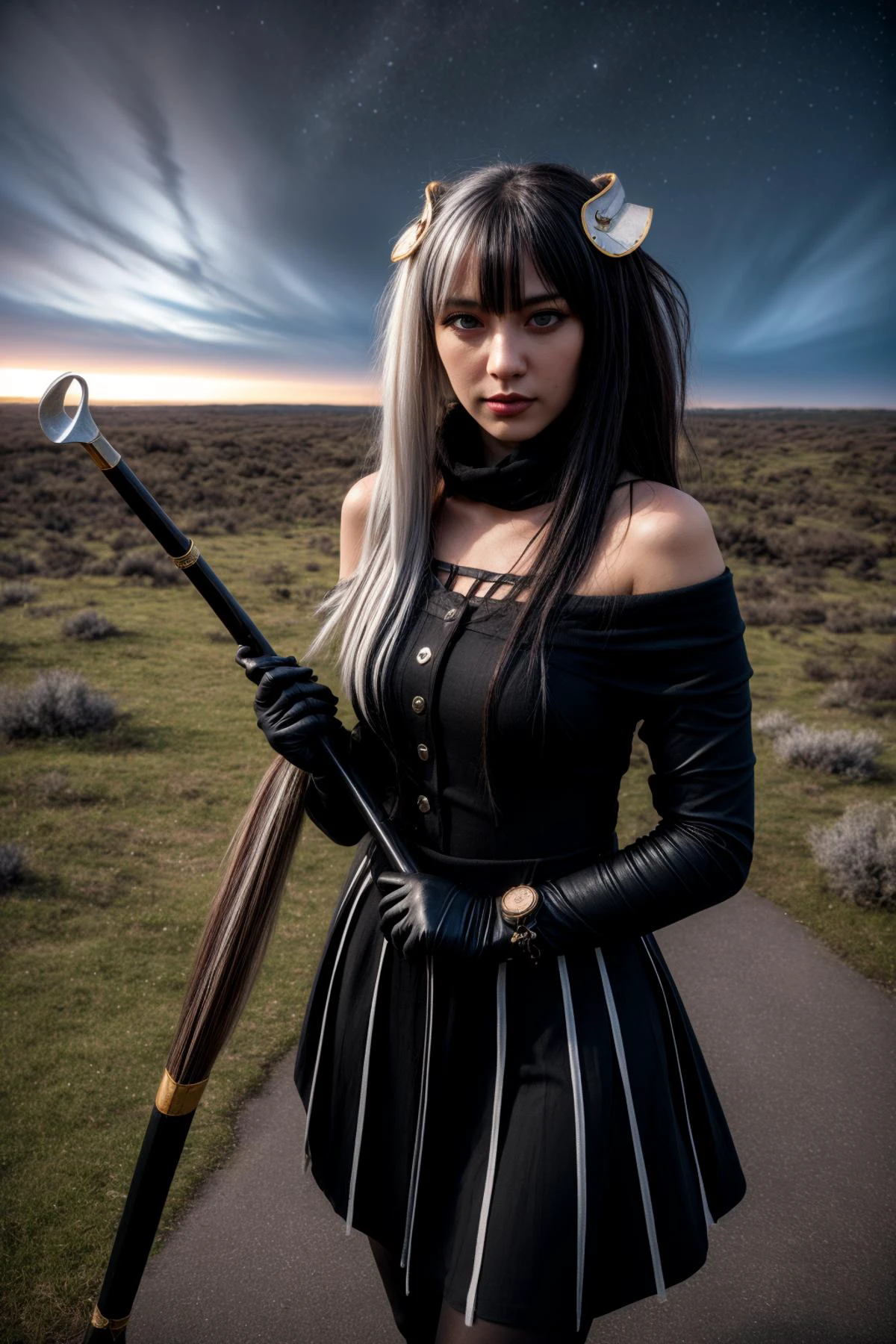 (ultra realistic,32k, masterpiece:1.2),(high detailed skin:1.1),( high quality:1.1), Volumetric Lighting, Subsurface Scattering, tonemapping, ((looking at viewer)), zesshidef, zesshi, skirt, gloves, long sleeves, dress, bow, ribbon, jacket, hair ribbon, braid, grey hair, pantyhose, boots, horns, sky, black gloves, off shoulder, scarf, mole, streaked hair, black pantyhose, buttons, crossed bangs, black hair,white hair,hair ornament,hair between eyes, long hair,grey eyes, black eyes,heterochromia,split-color hair, x hair ornament, ribbon, twintails, hair ribbon,pale skin, ((outside, fantasy sweeping vistas, fantasy night sky, otherworldly hues)), High definition, Sharp focused, holding extremely detailed scythe, <lora:more_details:0.6>, <lora:zesshi:0.8>,