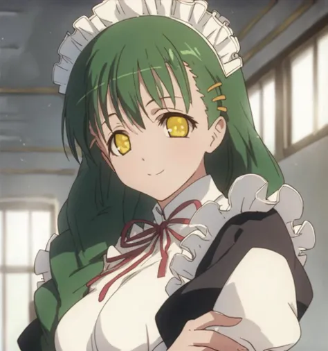 <lora:SanaeShikikagamiPony1.0:1> green hair, 1girl, maid, sanae_shikikagami, solo,  maid headdress, long hair, braid, hairclip, yellow eyes, breasts, looking at viewer, smile,, score_9, score_8_up, score_7_up, score_6_up, score_5_up, score_4_up