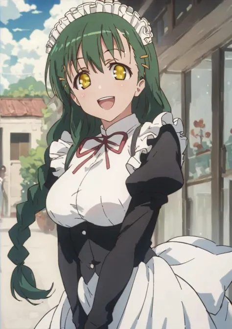 <lora:SanaeShikikagamiPony1.0:1> green hair, 1girl, maid, sanae_shikikagami, solo, outdoors,open mouth,   maid headdress, long hair, braid, hairclip, yellow eyes, breasts, looking at viewer, smile,score_9, score_8_up, score_7_up, score_6_up, score_5_up, score_4_up