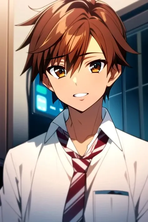 masterpiece, best quality, movie still, 1boy, solo, male focus, looking at viewer, upper body, , , , <lora:arata_hinohara:0.78>, arata_hinohara, arata_hinohara, brown hair, brown eyes, geek costume, biopunk,