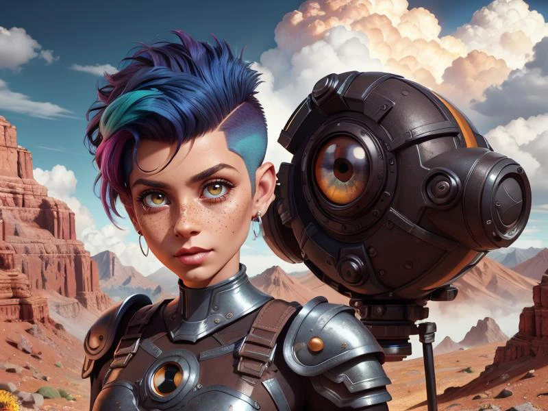 (Style: realism, (epic:1.2), realistic, photo, trending on artstation, pixar, 3d, ((high quality:1.2, masterpiece:1.2)) , (8k resolution) , high details, incredibly absurdres, color connection, colorized, colorful, sexy, nsfw, seductive,wide lens, 3/4 body shot)
(1girl, 25 years old, big dark brown eyes, latina face, freckles, (short hair, shaved sides:1.2), multicolored hair, medium breasts)
(backround: <lora:Cyclops:0.75> cyclops, cloudy sky, mountain, armor)