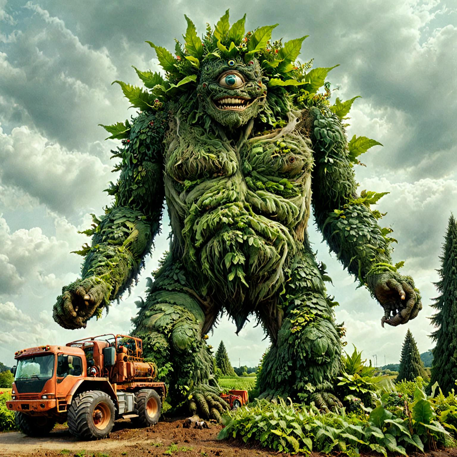 panoramic photo, professional high-resolution full body photograph of 1giant Godzilla sized green man made of plants, 1 elf woman, smile, 1man, hat, outdoors, multiple gnome men, sky, day, 2 elf men, grin, plant colored skin, Fujifilm media, parody,whimsical, ground vehicle, motor vehicle,farm truck, farm tractor, car, green skin, truck, humongous giant green man standing in background, humongous green plant Cyclops person with 2 eyes <lora:xl_more_art_full_v1:0.8> <lora:zkeleton-sdxl:0.8> zkeleton <lora:cyclops-sdxl:0.8> cyclops person made of plant