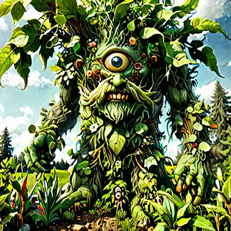 panoramic photo, professional high-resolution full body photograph of 1giant green man made of plants, 1 elf woman, smile, 1man, hat, outdoors, multiple gnome men, sky, day, 2 elf men, grin, plant colored skin, Fujifilm media, parody,whimsical, ground vehicle, motor vehicle,farm truck, farm tractor, car, green skin, truck, humongous giant green man standing in background, humongous green plant Cyclops person with 2 eyes  <lora:xl_more_art_full_v1:0.8> <lora:zkeleton-sdxl:0.8> zkeleton  <lora:cyclops-sdxl:0.8> cyclops person made of plant