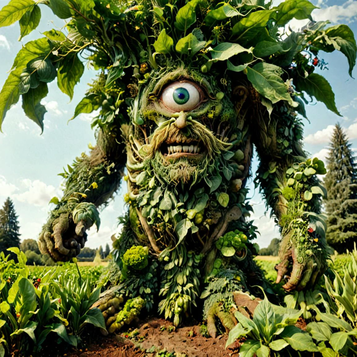 panoramic photo, professional high-resolution full body photograph of 1giant green man made of plants, 1 elf woman, smile, 1man, hat, outdoors, multiple gnome men, sky, day, 2 elf men, grin, plant colored skin, Fujifilm media, parody,whimsical, ground vehicle, motor vehicle,farm truck, farm tractor, car, green skin, truck, humongous giant green man standing in background, humongous green plant Cyclops person with 2 eyes <lora:xl_more_art_full_v1:0.8> <lora:zkeleton-sdxl:0.8> zkeleton <lora:cyclops-sdxl:0.8> cyclops person made of plant