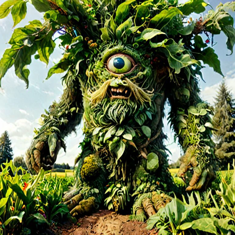 panoramic photo, professional high-resolution full body photograph of 1giant green man made of plants, 1 elf woman, smile, 1man, hat, outdoors, multiple gnome men, sky, day, 2 elf men, grin, plant colored skin, Fujifilm media, parody,whimsical, ground vehicle, motor vehicle,farm truck, farm tractor, car, green skin, truck, humongous giant green man standing in background, humongous green plant Cyclops person with 2 eyes <lora:xl_more_art_full_v1:0.8> <lora:zkeleton-sdxl:0.8> zkeleton <lora:cyclops-sdxl:0.8> cyclops person made of plant