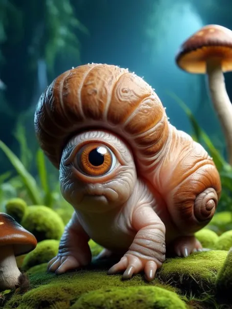 snail Monster, mushrooms shell, adorable, (cute), detailed, realistic, 8k uhd, high quality, cyclops <lora:cyclops:1>
