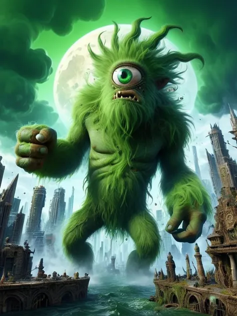 green sludge,molten skin,eat poison sludge, many warts,tumor and speck,many slime Around,Green poison bubbles are flying,(Poison spews from the body),dissolved body,black smoke, green smoke,highi-definition, cluttered environment,,ultra detail,green purple,dirty city, cyclops  <lora:cyclops:1>