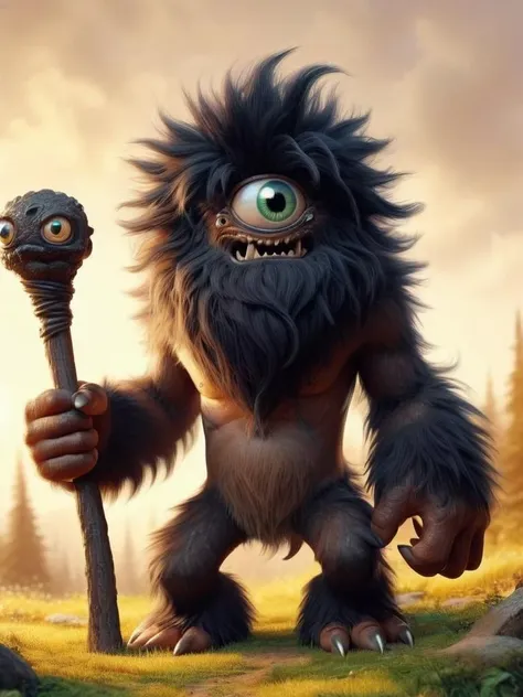 cute monster spinning, furry skin, black fur tufts,2 arms, 6 teeth, sticking tongue out, drawing, illustration, cyclops <lora:cyclops:1>