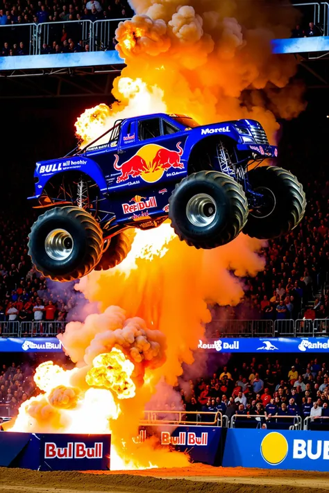 (Red Bull Monster Truck), Red Bull paintwork, Red Bull decals, Jumping through a fire explosion, Arena show, huge crowds in the stands, competition, motion effects, arena show lighting, view from stands, UHD, painstaking attention to details