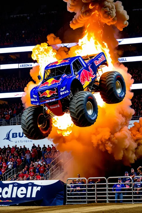 (Red Bull Monster Truck), Red Bull paintwork, Red Bull decals, Jumping through a fire. Arena show, huge crowds in the stands, competition, motion effects, arena show lighting, view from stands, UHD, painstaking attention to details