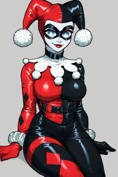 score_9, score_8_up, score_7_up, score_6_up, score_5_up, 1girl, harley quinn, leather suit, jester cap, sitting, mask <lora:TheMagicalBell_style:1> tmb style, white pupils