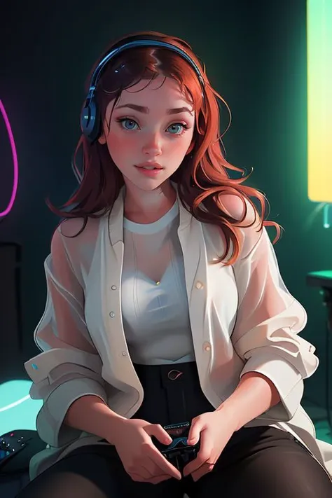 Merger_demelle_lisash,
sitting at a computer wearing headphones and playing games (holding a controller:1.2) wearing a hoodie in a (neon lit room:1.3), (gamer:1.2), gaming, gamer girl, games, (purple lighting, neon:1.2),
bokeh, f1.4, 40mm, photorealistic, raw, 8k, textured skin, skin pores, intricate details <lora:epi_noiseoffset2:1>, epiCRealism <lora:ClothingAdjuster3:-0.8>