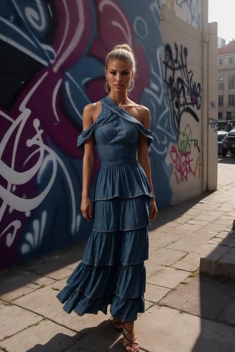 (Cinematic Shot:1.3)(Over-the-shoulder shot:1.3) Tower13_Esther (smile:1.3) (skinny, slim, slender, narrow waist:1.3)BREAK (Wearing Blue Denim Striped maxi dress with a tiered skirt:1.3) BREAK (In fron of a Graffiti Wall , in Dresden:1.3) ((Photo Focus, DOF, Aperture, insanely detailed and intricate, character, hypermaximalist, hyper realistic, super detailed, (lens flare)))<lora:exposure_control_v10:-0.35> <lora:more_details:0.3>