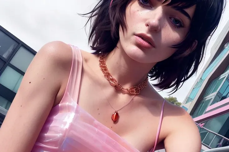 an unfiltered creation by conrad roset of a woman (looking like MorganaVeil1) (wearing a noblewoman pink translucent dress with shiny jewelry) in an urban landscape.