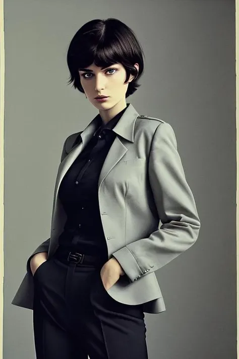 an analog creation by barbara kruger of a lady looking like morganaveil1 (wearing a business elegant suit with the shirt open)