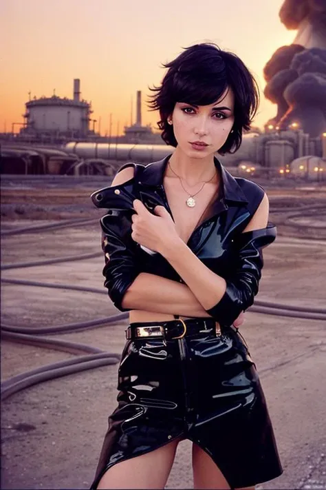 An enticing woman looking like MorganaVeil1, at an explosive oil refinery explosion, is portrayed in an analog photograph, featuring apparel by Dsquared2