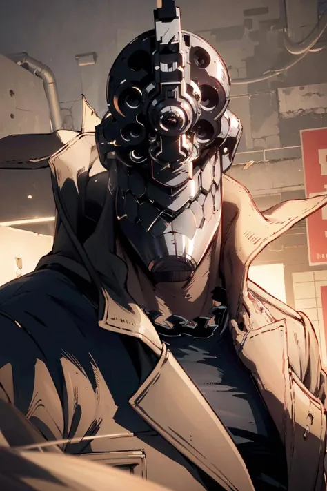 <lora:ngl:1> ngl, 1boy, solo, trench coat, robot, upper body, weapon,, (masterpiece:1), (best quality:1)