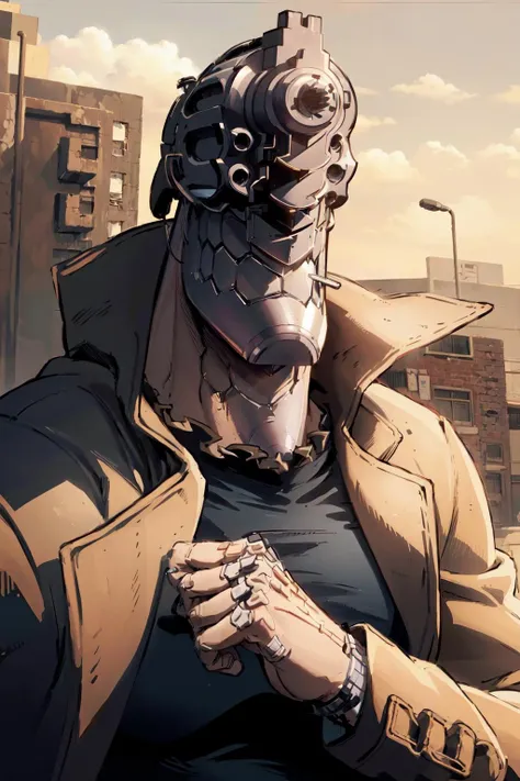 <lora:ngl:1> ngl, 1boy, solo, trench coat, robot, upper body, weapon,, (masterpiece:1), (best quality:1)