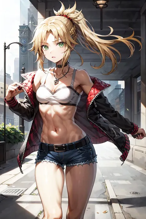 <lora:Mordred:0.8>pikkymordred, 1girl, solo, looking at viewer, blonde hair, ponytail, braid, bangs, long hair, parted bangs, french braid, sidelocks, green eyes, breasts, small breasts, red scrunchie, scrunchie, hair ornament, hair scrunchie, shorts, navel, jewelry, jacket, cleavage, necklace, denim, cutoffs, collarbone, midriff, thighs, strapless, jacket removed, denim shorts, micro shorts, belt, short shorts, bare shoulders, bandeau