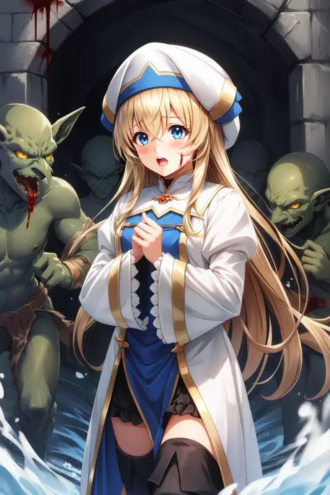 (masterpiece, best quality), intricate details,
1girl, <lora:onna_shinkan-10:0.8> onna_shinkan, long hair, hat, long sleeves, dress, white headwear, thighhighs, very long hair, thigh boots, wide sleeves, white thighhighs, hair between eyes,
<lora:goblin_v0.1a:0.8> goblins, surrounded by goblins, scared, dungon, dark, torn clothes, blood,