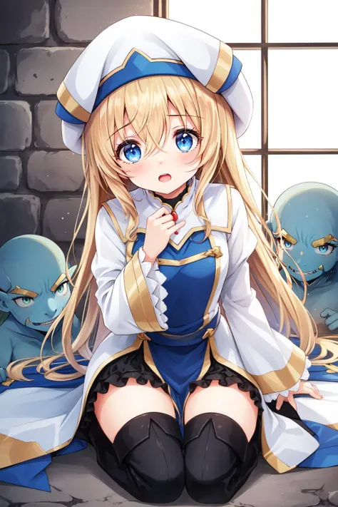(masterpiece, best quality), intricate details,
1girl, <lora:onna_shinkan-10:0.8> onna_shinkan, long hair, hat, long sleeves, dress, white headwear, thighhighs, very long hair, thigh boots, wide sleeves, white thighhighs, hair between eyes,
<lora:goblin_v0.1a:0.8> goblins, surrounded by goblins, scared, dungon, dark,
