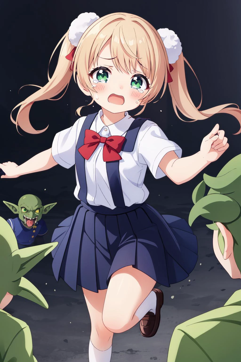 (masterpiece, best quality), intricate details,
1girl, <lora:Shigure Ui(vtuber):0.8> shigure ui (vtuber), blonde hair, green eyes, pinafore dress,pleated dress,randoseru,red bow,school uniform,sleeveless dress,twintails,white legwear,white shirt,
<lora:goblin_v0.1a:0.8> goblin, scared, crying, chased by goblins, running,