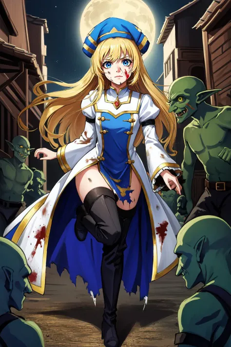 (masterpiece, best quality), intricate details,
1girl, <lora:priestess-lora-nochekaiser:0.8> priestess, blonde hair, blue eyes, long hair, hair between eyes,, boots, dress, frilled sleeves, frills, hat, white headwear, pelvic curtain, high heels, robe, thigh boots, thighhighs, white thighhighs, long sleeves, puffy sleeves,,
small breasts, fantasy village, night time, goblin, goblin horde, scary, <lora:goblin_v0.1a:0.8> torn clothes, scared, blood on face, injured, hurt, <lora:dirty_v0.1:0.8> dirty, restrained, <lora:kidnap_v0.2:0.8>
