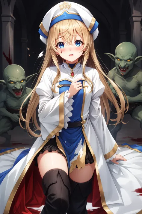 (masterpiece, best quality), intricate details,
1girl, <lora:onna_shinkan-10:0.8> onna_shinkan, long hair, hat, long sleeves, dress, white headwear, thighhighs, very long hair, thigh boots, wide sleeves, white thighhighs, hair between eyes,
<lora:goblin_v0.1a:0.8> goblins, surrounded by goblins, scared, dungon, dark, torn clothes, blood,