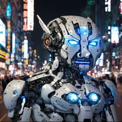 <lora:wojak_big:1>mecha with wojak face, close up, Crying Wojak, very detailed mechanical parts, metal reflections, glowing lights, circuits, standing on a crowded street, big buildings