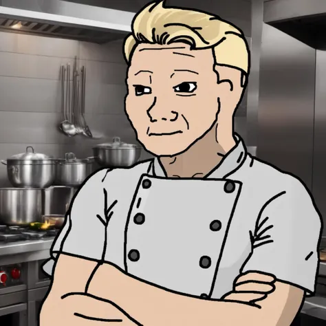 <lora:wojak:1>, gordon ramsey, hells kitchen chef, wojak
