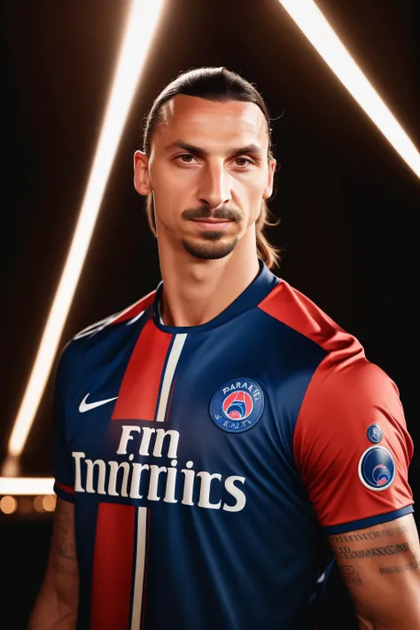 (masterpiece) (high quality) (professional) photograph portrait of Zlatan wearing a PSG jersey in a underground club, neon light, <lora:epi_noiseoffset2:0.2>, high contrast, two tone lighting <lora:Zlatan_vng:0.8> <lora:backlighting:0.2>, highly detailed <lora:PLD_amor:1>