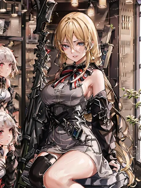 1girl,bismarck, a woman in a iron_black_elysium outfit standing in front of a bar counter, ribbon_on_chest, holding a note and a pen, black gloves, looking at viewer, blonde hair, off shoulder, parted lips, red eyes, sidelocks, sitting, skindentation, smile, solo, SFW, detailed eyes, (masterpiece:1.4),(best quality:1.4),(shiny skin),realistic, detailed eyes, <lora:newbismarckv3-000010:1>