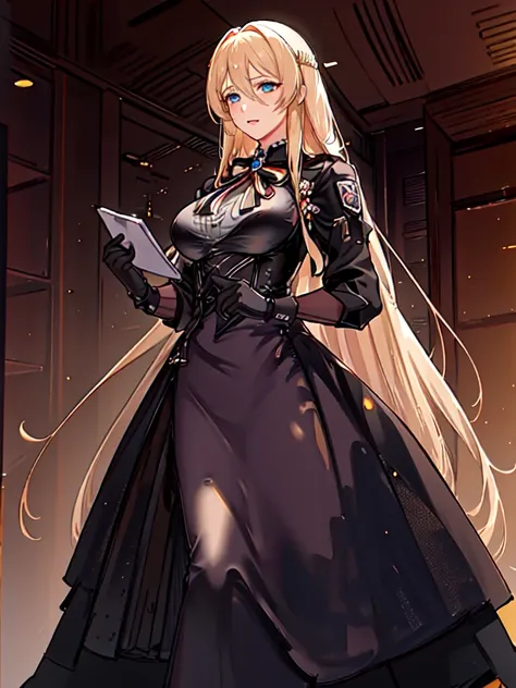 <lora:newbismarck:0.9>, (Masterpiece:1.2), best quality, (illustration:1.2), (ultra-detailed), hyper details, (delicate detailed), (intricate details), (cinematic light, best quality Backlights), clear line, from below, solo female, perfect body, (1girl), blonde hair, glowing blue eyes, (bismarck \(azur lane\):1), woman in a iron_black_elysium outfit, ribbon_on_chest, holding a note and a pen, black gloves, cafe background, ((makeup)), high contrast, (best illumination, an extremely delicate and beautiful), ((cinematic light)), colorful