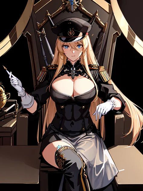 (Masterpiece:1.2), best quality, (illustration:1.2), (ultra-detailed), hyper details, (delicate detailed), (intricate details), (cinematic light, best quality Backlights), clear line, from below, solo female, perfect body, (1girl), blonde hair, glowing blue eyes, (bismarck \(azur lane\) a woman wearing a black wehrmacht_outfit holding a sword, medal on left shoulder, wehrmacht_outfit , wehrmacht_hat, white glove), sitting on Throne, slightly close eyes, looking downward, turn head, ( shy:1.2), ((makeup)), high contrast, (best illumination, an extremely delicate and beautiful), ((cinematic light)), colorful, <lora:newbismarck:0.7>
