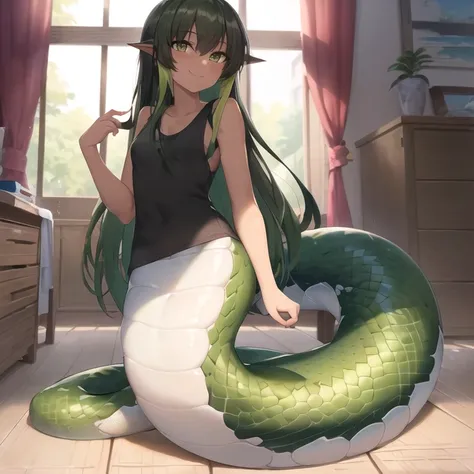full body, beautiful, (masterpiece:1.2), (best quality:1.2), perfect eyes, perfect face, smiling, perfect lighting,lamia girl, 1girl,  <lora:LAMIA-SERY-CONCEPT:1>, black hair, brown eyes, ((green scales)), ((tank top)),((long hair, straight hair)), tanned skin, small breasts,