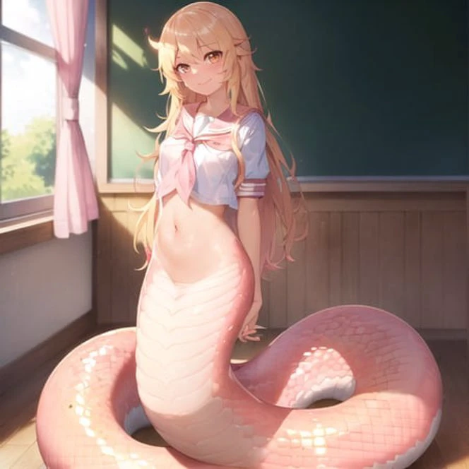 full body, beautiful, (masterpiece:1.2), (best quality:1.2), perfect eyes, perfect face, smiling, perfect lighting,lamia girl, 1girl, <lora:LAMIA-SERY-CONCEPT:1>, blonde hair, brown eyes, ((pink scales)), ((long hair, straight hair)), tanned skin, small breasts,classroom, ((serafuku, school uniform)), standing,