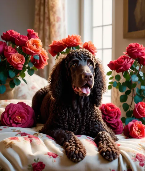 irish water spaniel, UHD, 4K, a photograph of a graceful dog, basking in soft, ethereal lighting, laying on a bed of velvety colorful roses, embodying the essence of enchanting nostalgia