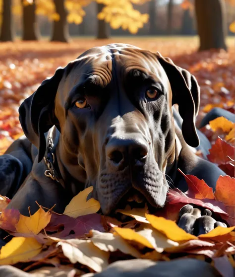 great dane, UHD, 4K, a photograph capturing a beautfiul dog lost in a daydream as he immerses himself in a pile of colorful autumn leaves, soft sunlight illuminates his serine face, peaceful fall day