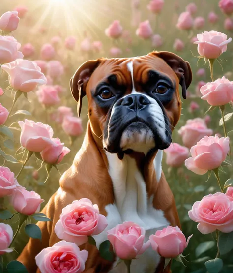 a boxer, UHD, 4K, a photograph of an enchanting dog enveloped in soft ethereal light, lost in the embrace of a blooming field of roses, inspiring, visually stunning