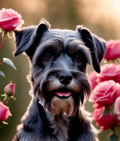 standard schnauzer, UHD, 4K, a photograph capturing a beautiful dog in a soft, ethereal light, his flowing hair caught in the breeze against a dreamy, rose-tinted backdrop