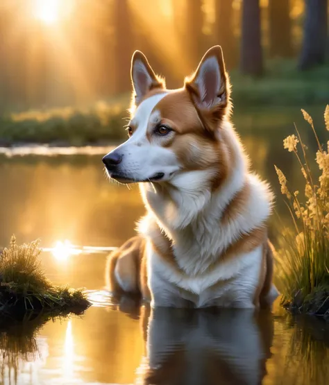 norwegian lundehund, UHD, 4K, a photograph of a beautfiul dog amidst a soft enchanting haze at an enchanting pond, bathed in golden sunlight, his ethereal grace reflecting in still waters