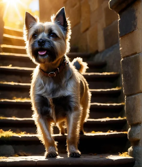 cairn terrier, UHD, 4K, a photograph of a radiant dog drenched in warm golden sunlight, he is gracefully climbing the stairs in an enchanting medieval castle