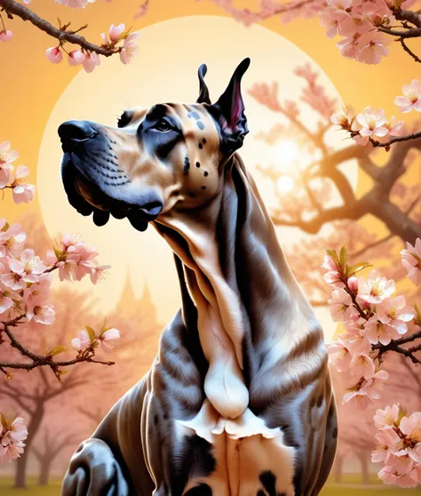 children's book illustration of a great dane, UHD, 4K, a photograph of an ethereal dog bathed in golden sunset hues, framed by the delicate embrace of blooming cherry blossoms, visually captivating, children's book illustration