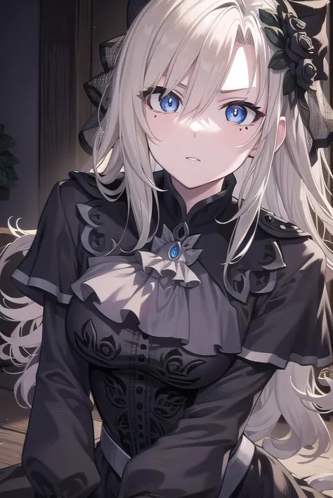 kriemhild, <lyco:kriemhild-lyco-nochekaiser:1>,
kriemhild, blue eyes, long hair, mole, mole under eye, pale skin, white hair, wavy hair,
BREAK ascot, black capelet, black dress, black flower, black gloves, black headwear, black rose, capelet, dress, flower, gloves, hat, long sleeves, rose, veil,
BREAK looking at viewer,
BREAK indoors,
BREAK <lyco:GoodHands-beta2:1>, (masterpiece:1.2), best quality, high resolution, unity 8k wallpaper, (illustration:0.8), (beautiful detailed eyes:1.6), extremely detailed face, perfect lighting, extremely detailed CG, (perfect hands, perfect anatomy),