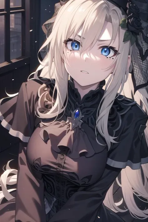 kriemhild, <lyco:kriemhild-lyco-nochekaiser:1>,
kriemhild, blue eyes, long hair, mole, mole under eye, pale skin, white hair, wavy hair,
BREAK ascot, black capelet, black dress, black flower, black gloves, black headwear, black rose, capelet, dress, flower, gloves, hat, long sleeves, rose, veil,
BREAK looking at viewer,
BREAK indoors,
BREAK <lyco:GoodHands-beta2:1>, (masterpiece:1.2), best quality, high resolution, unity 8k wallpaper, (illustration:0.8), (beautiful detailed eyes:1.6), extremely detailed face, perfect lighting, extremely detailed CG, (perfect hands, perfect anatomy),